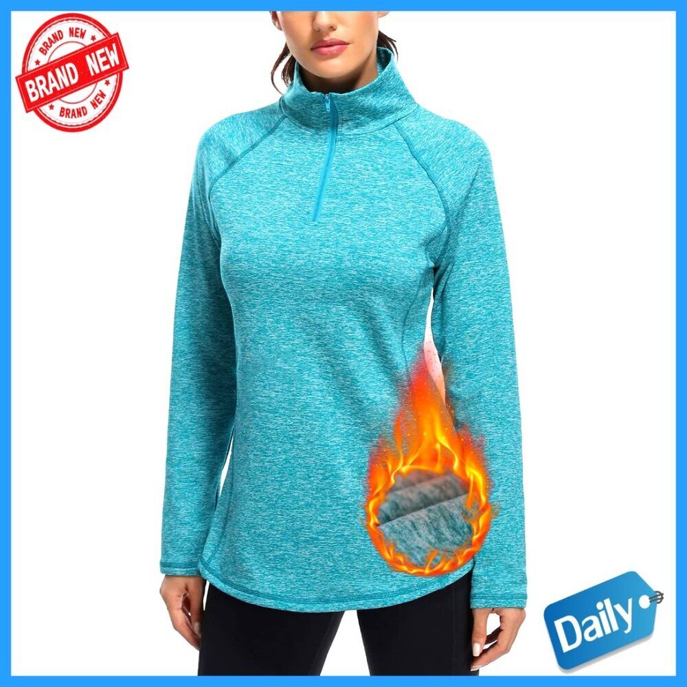 Quarter Zip Pullover Long Sleeve Athletic Top Fitted Fleece Lined Workout
